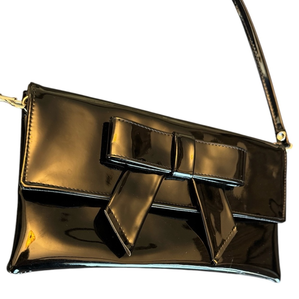 LONI Faux Patton Leather Bow Detail Black Crossbody Bag